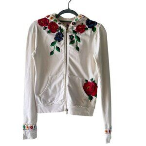 Johnny Was Embroidered Floral Hoodie XS White Cotton Spandex Zip Up Roses
